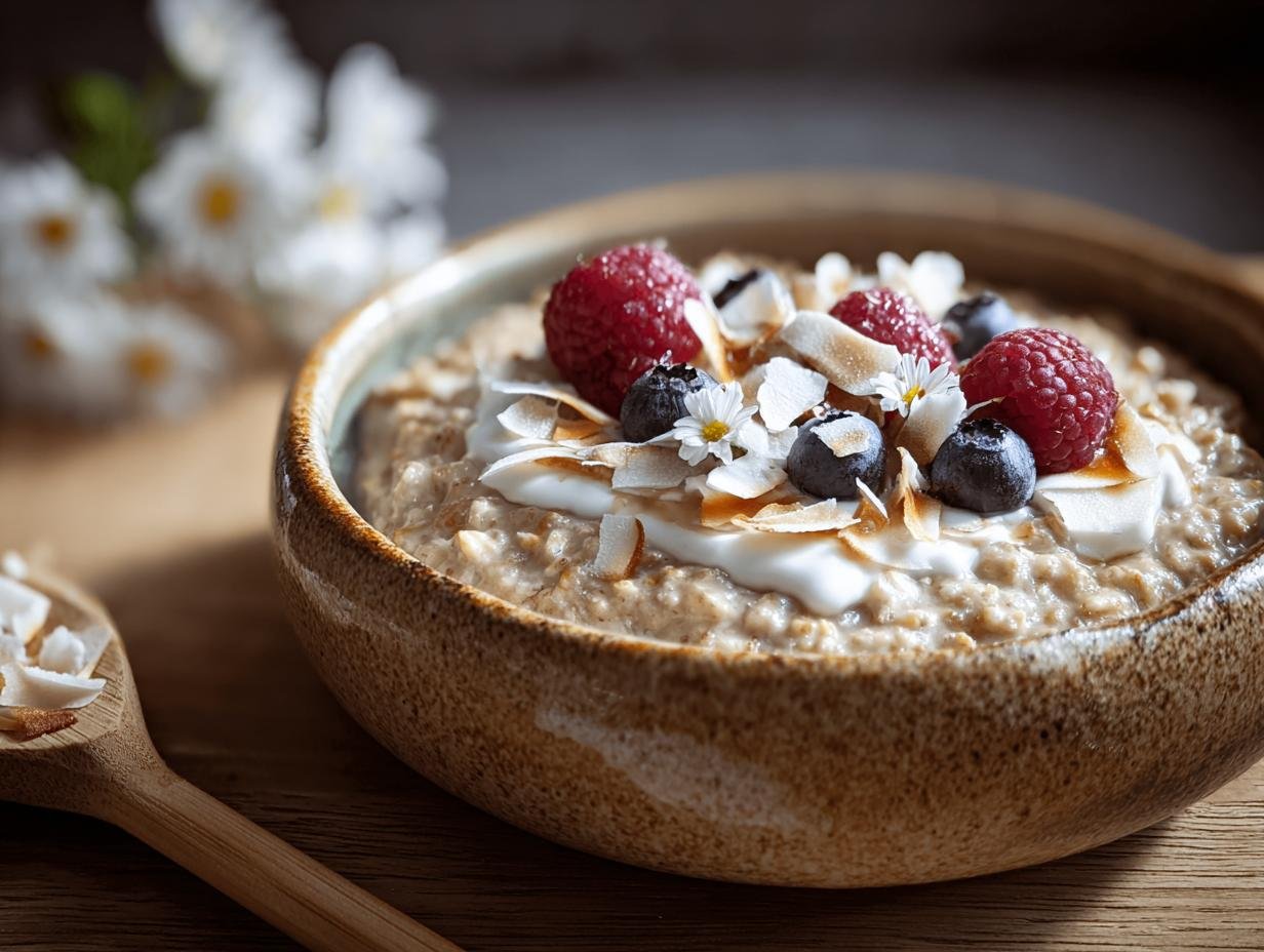 Creamy Coconut Cream Oats - close-up of a bowl with toppings