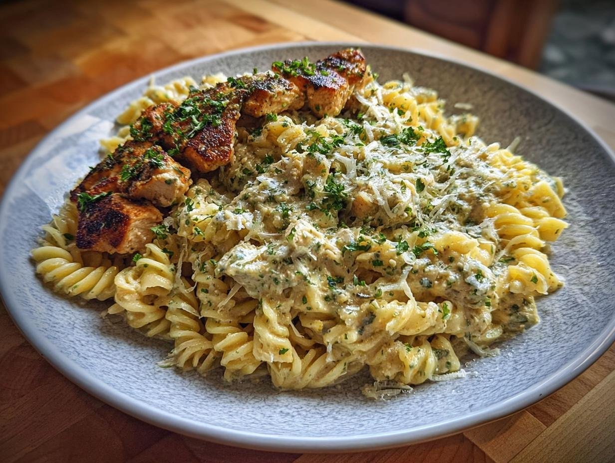 Creamy Garlic Parmesan Chicken - close-up of chicken and pasta in sauce
