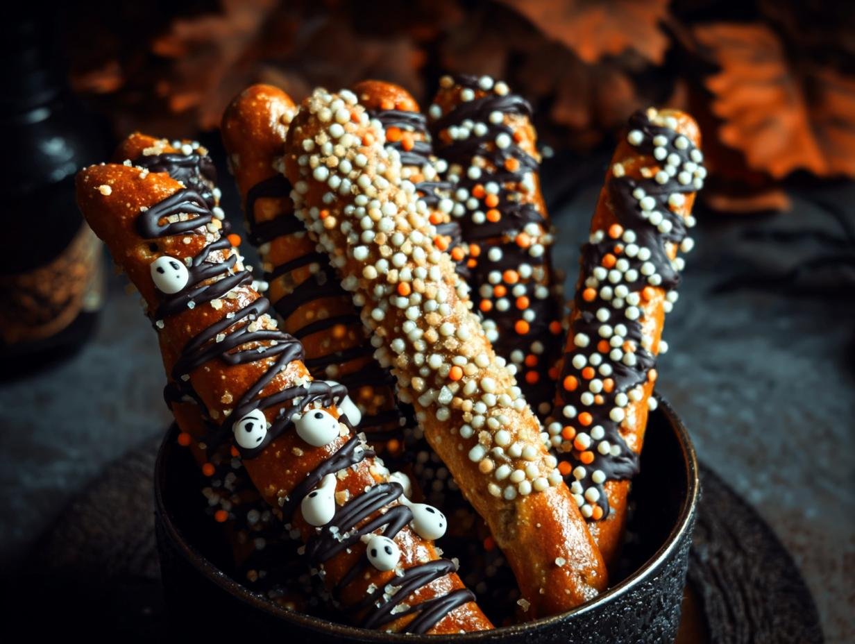 Halloween Pretzel Rods - close up of decorated pretzel rods