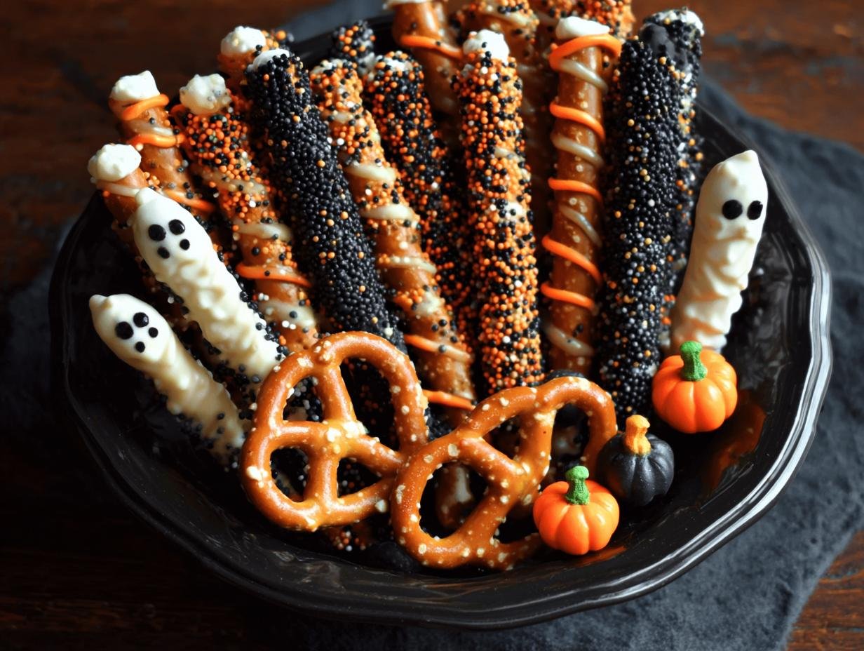 Halloween Pretzel Rods - a variety of decorated pretzel rods