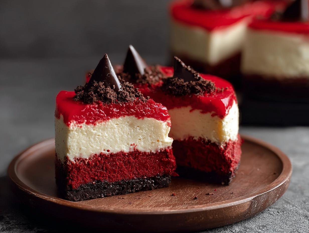 Decadent Red Velvet Cheesecakes: 1 Easy Recipe - Red Velvet Cheesecakes Dessert - slice showing layers