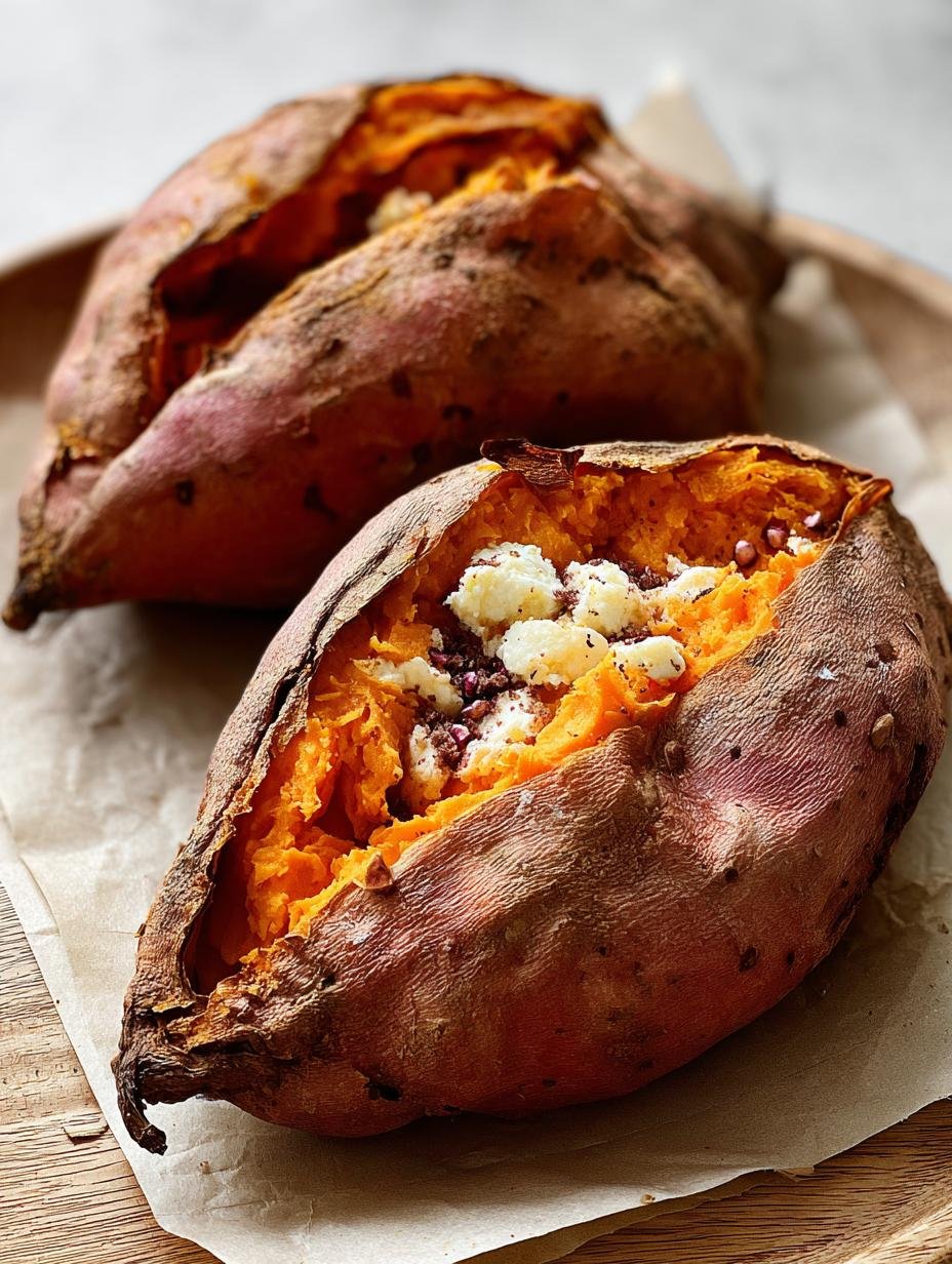 Delicious Baked Sweet Potato Prefect split open with butter and seasoning, ready to eat