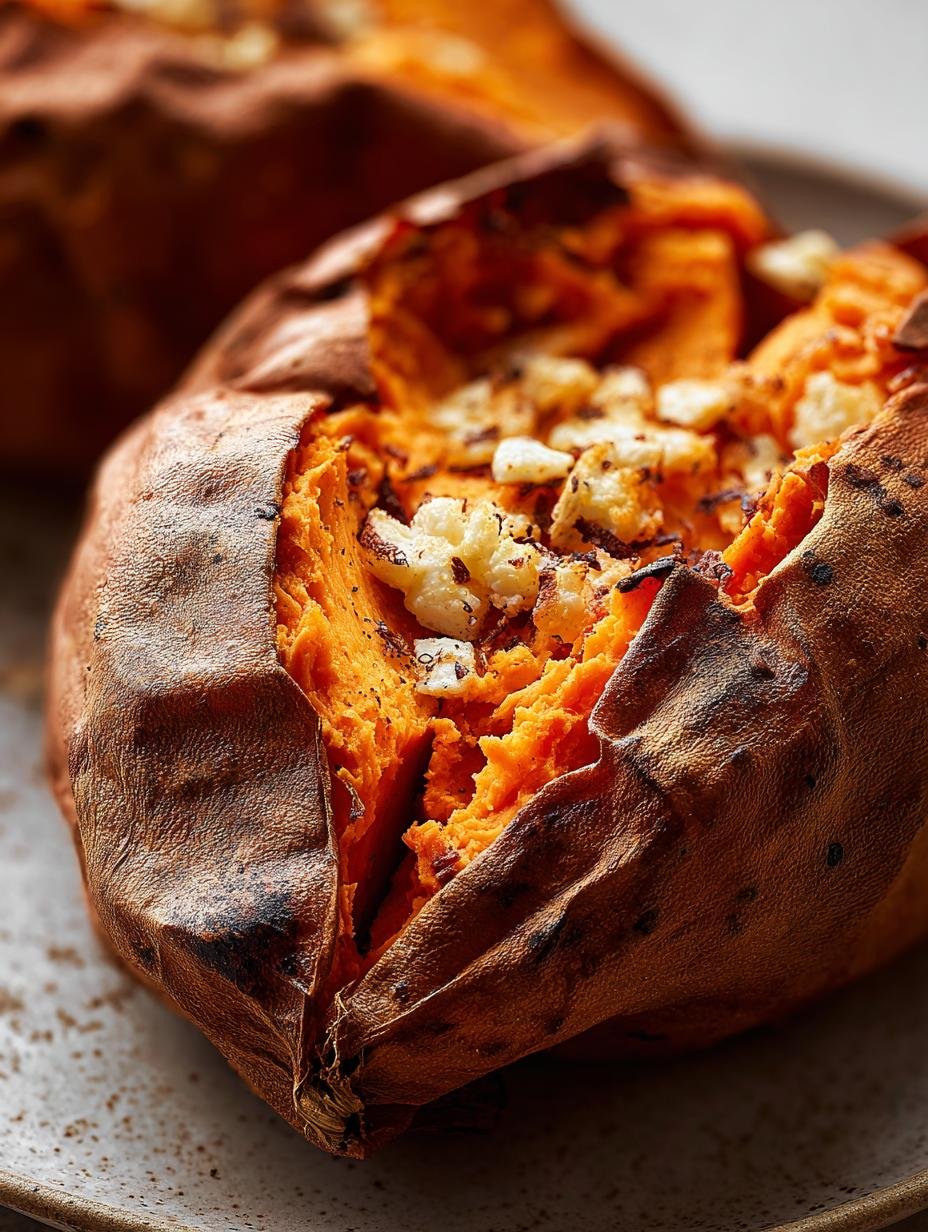 Close-up of a perfectly baked sweet potato with creamy interior and crispy skin