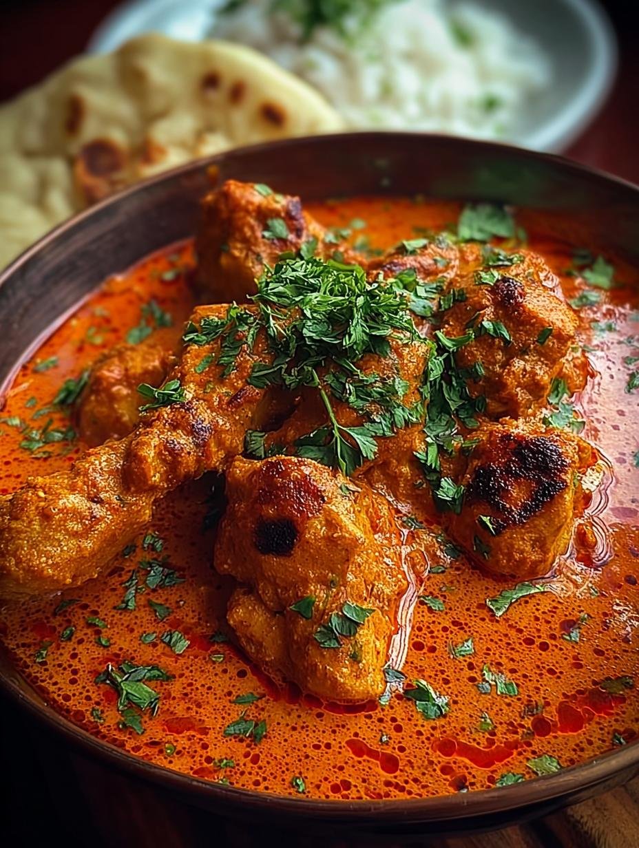 Delicious Butter Chicken served in a bowl with rice and naan, showcasing its rich, creamy sauce and tender chicken, perfect for a 30-minute dinner.