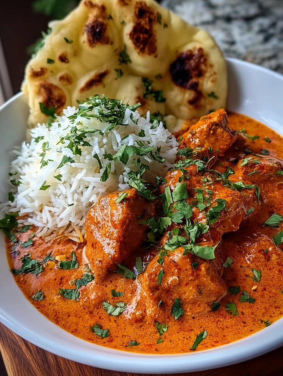 Close-up of creamy Butter Chicken in a bowl, garnished with fresh coriander, ready to be served with rice and naan, highlighting its vibrant color and texture.