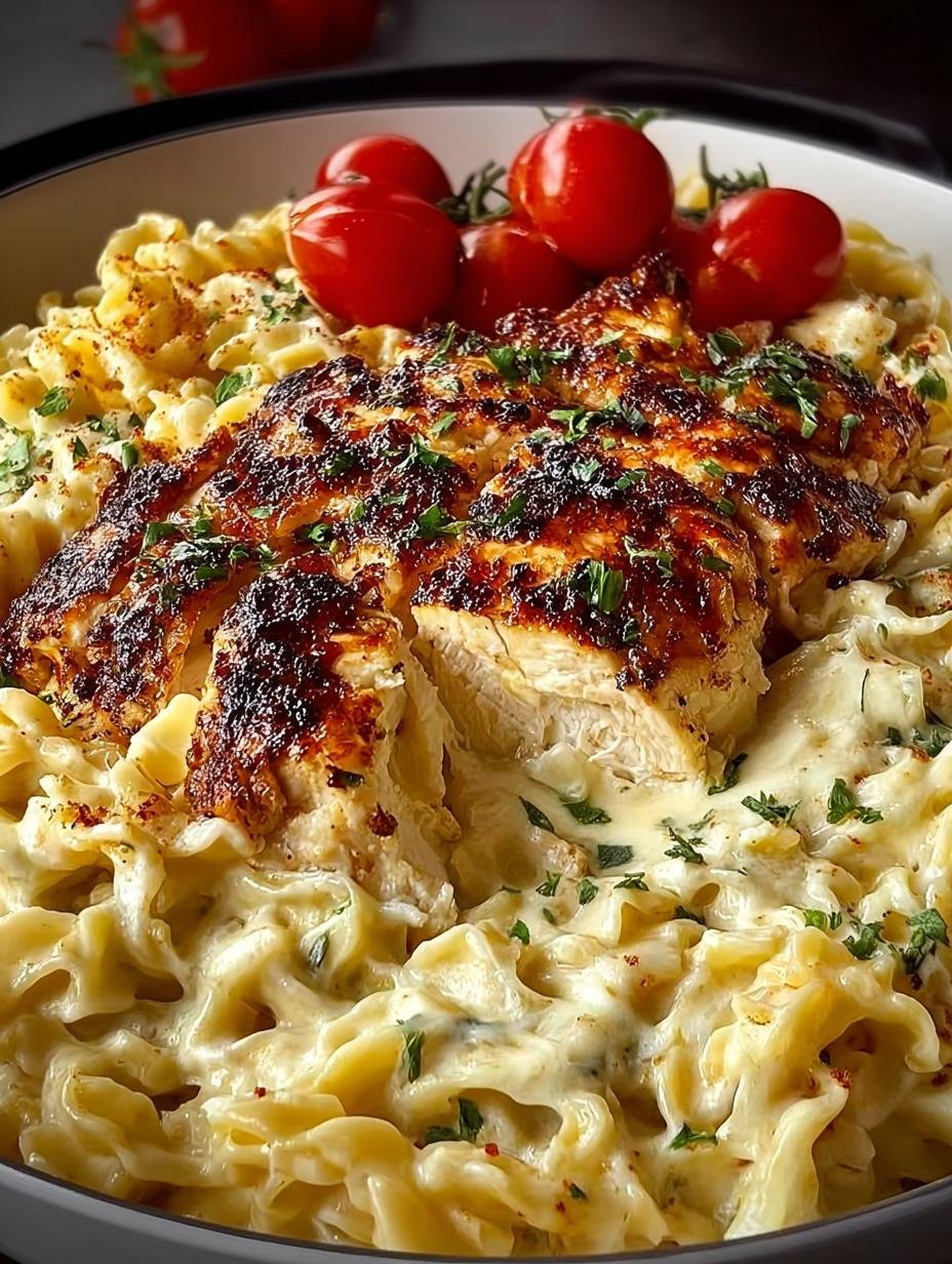 Creamy Chicken Garlic Parmesan Pasta with a sprinkle of Parmesan cheese