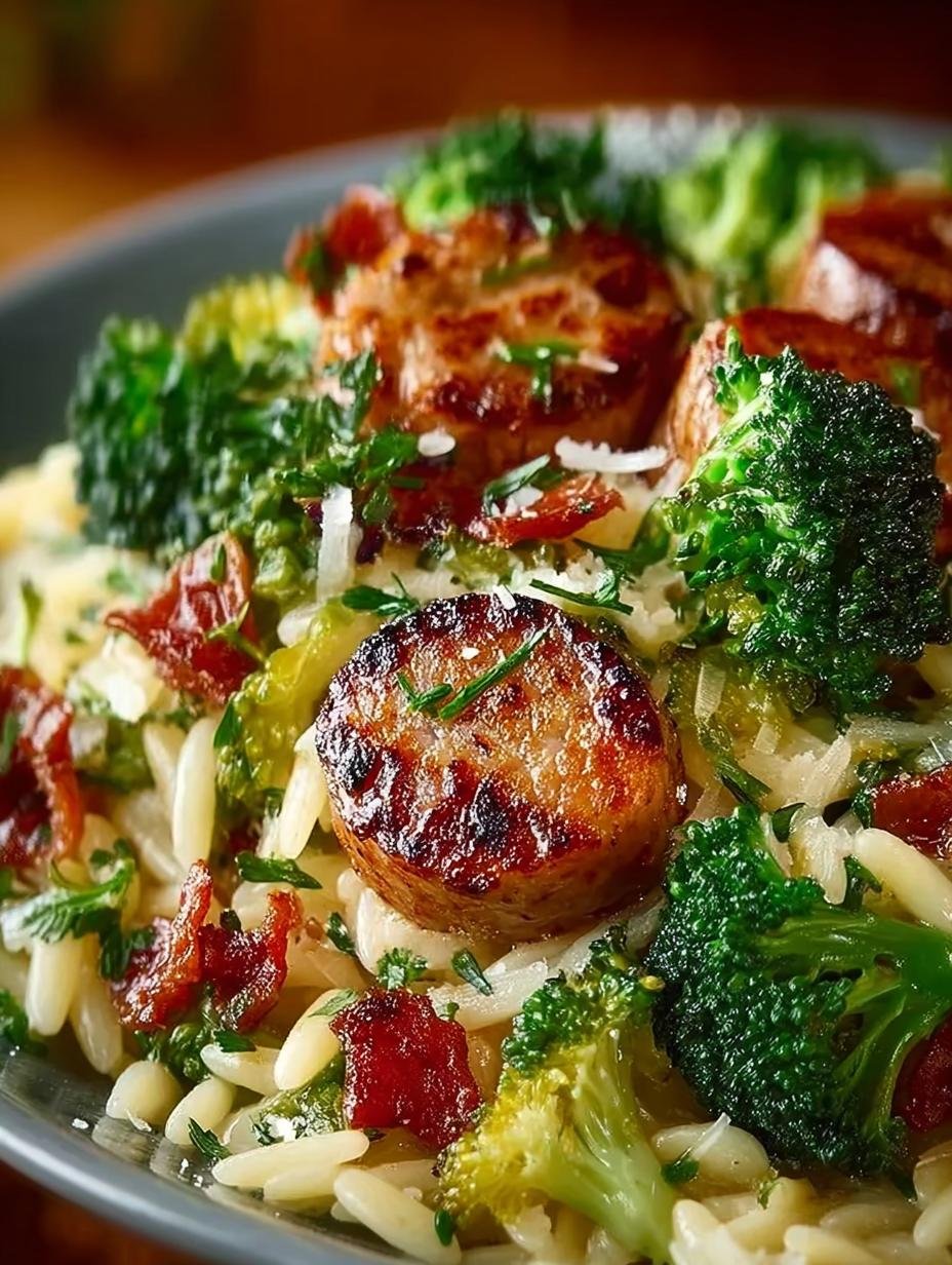 Irresistible Chicken Sausage Broccoli Orzo served hot in a bowl