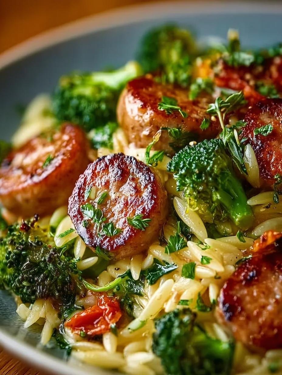 Delicious Chicken Sausage Broccoli Orzo with vibrant broccoli and creamy orzo