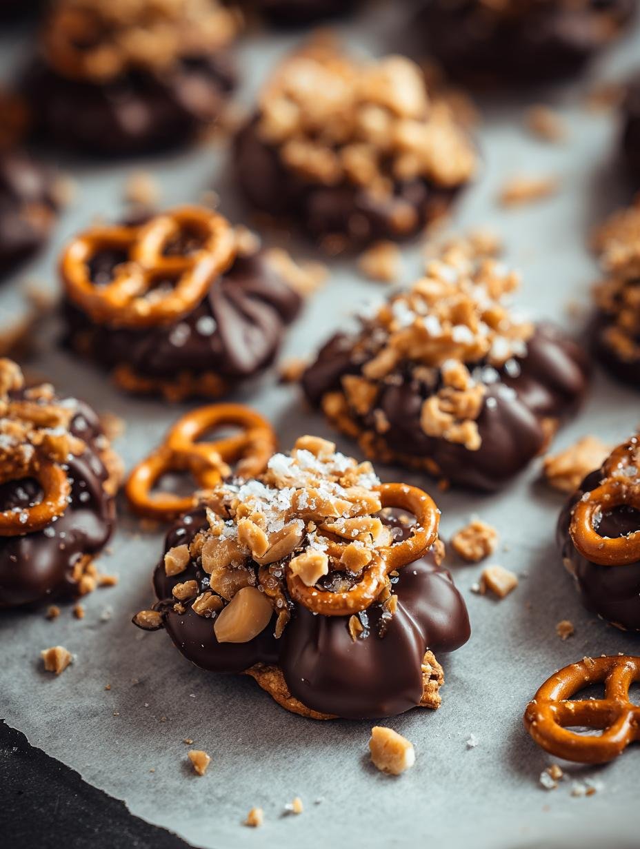 Amazing Chocolate Peanut Butter Pretzel in 10 Min - Delicious Chocolate Peanut Butter Pretzel clusters on parchment paper
