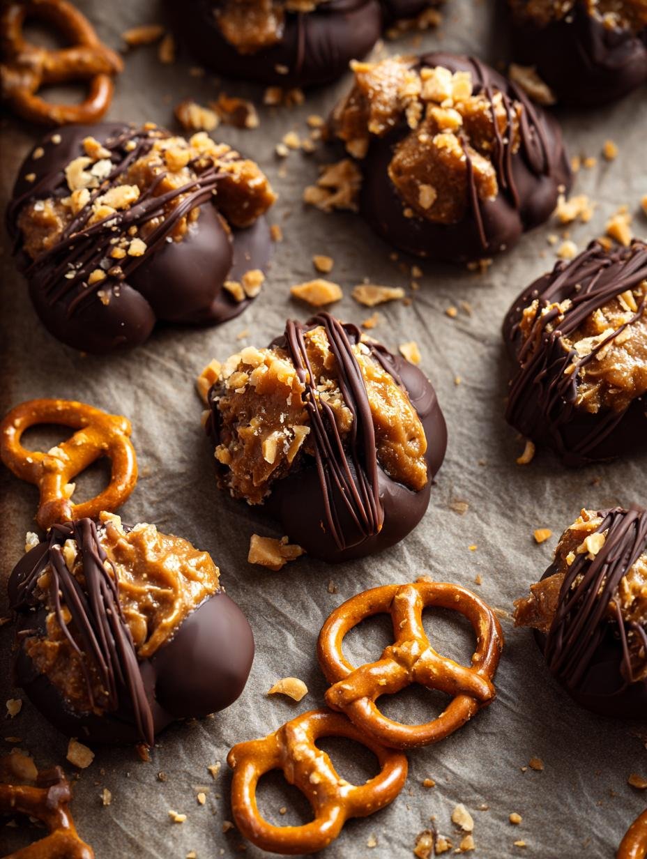 Amazing Chocolate Peanut Butter Pretzel in 10 Min - Close-up of a perfectly formed Chocolate Peanut Butter Pretzel cluster