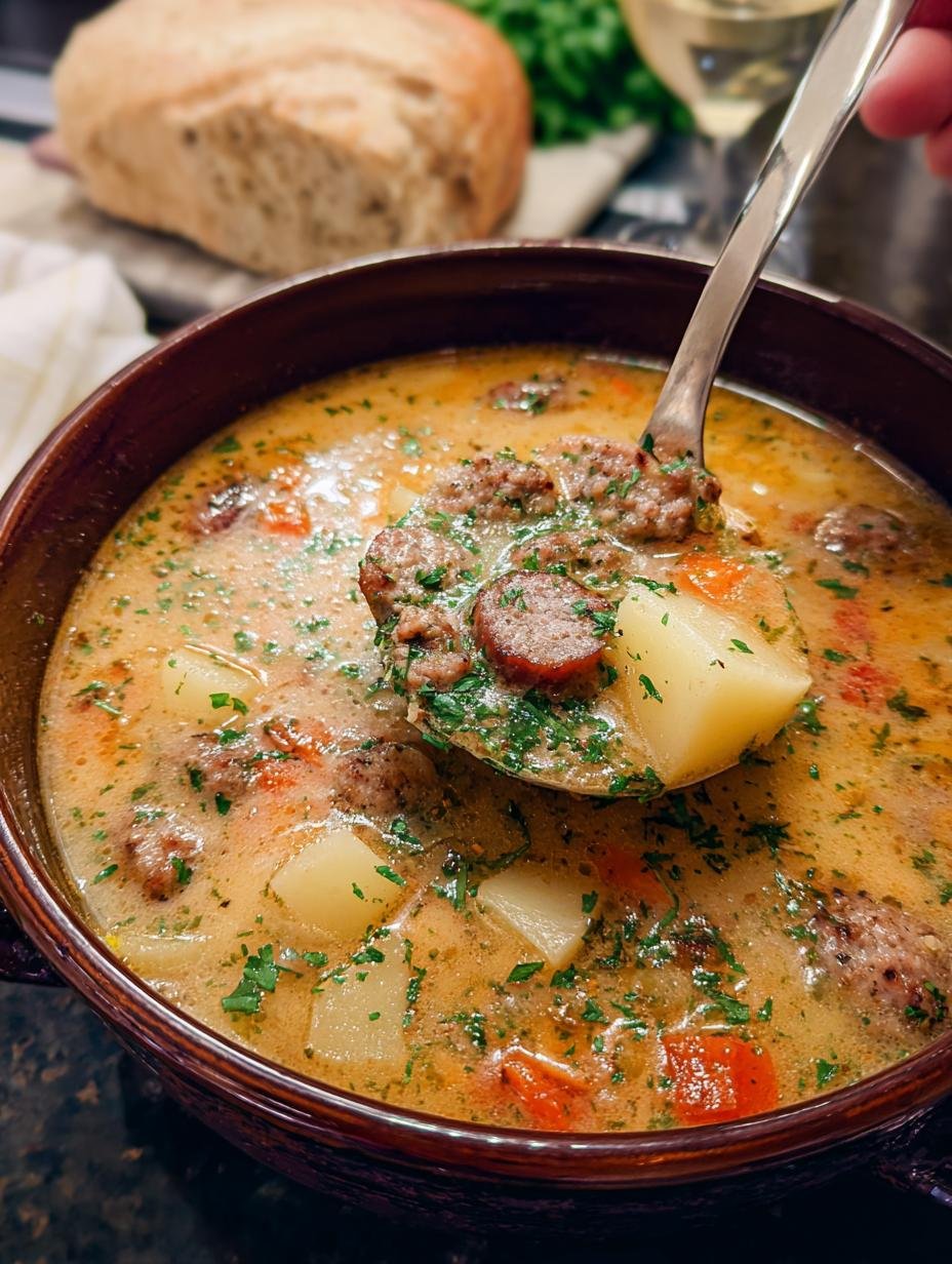 Comfort Food Family Friendly Soup: A 1-Pot Miracle - Comfort Food Family Friendly - close-up of creamy sausage and potato soup with fresh parsley