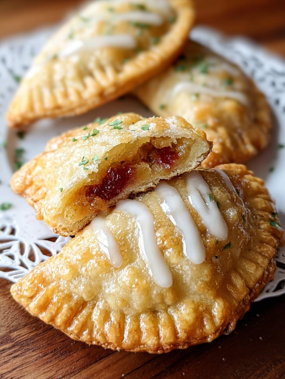 Close-up of a perfectly baked Cookie Empanadas Dessert, showing its flaky crust and golden-brown edges, ready to be glazed