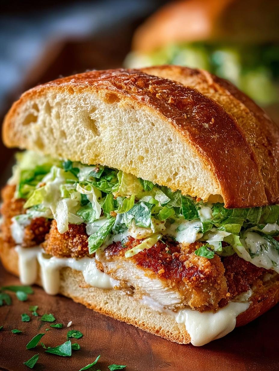 Delicious Crispy Chicken Caesar Sandwich with golden fried chicken, fresh romaine, and creamy dressing on a baguette