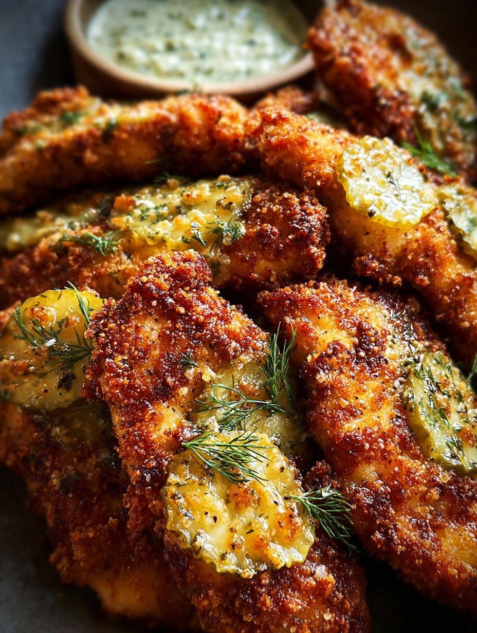 Deliciously golden-brown Crispy Dill Pickle Parmesan chicken cutlets on a white plate, garnished with fresh dill, ready to be served.