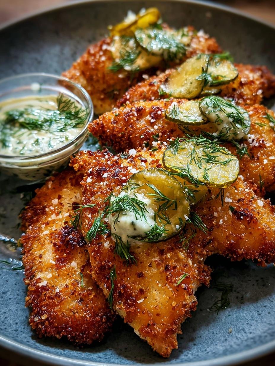 Close-up of a perfectly golden and crispy Crispy Dill Pickle Parmesan chicken cutlet, showing the textured breading and melted cheese.