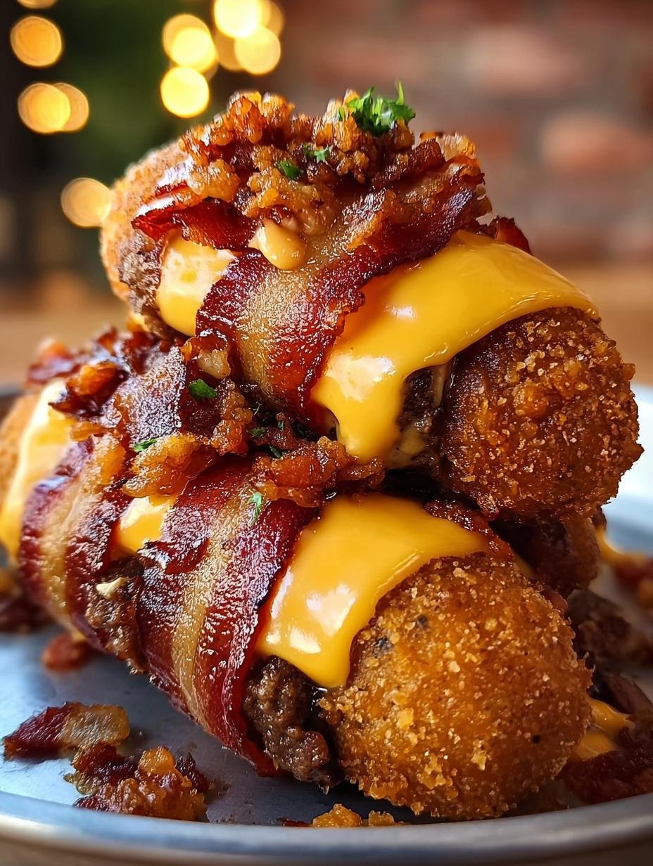 Close-up of a Deep Fried Beef Bacon Cheeseburger Corn Dog, showing the crispy texture and melted cheese inside