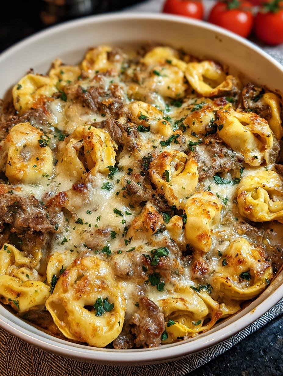 Delicious Golden Cheese Steak Tortellini baked to perfection, bubbling with melted cheese and tender steak