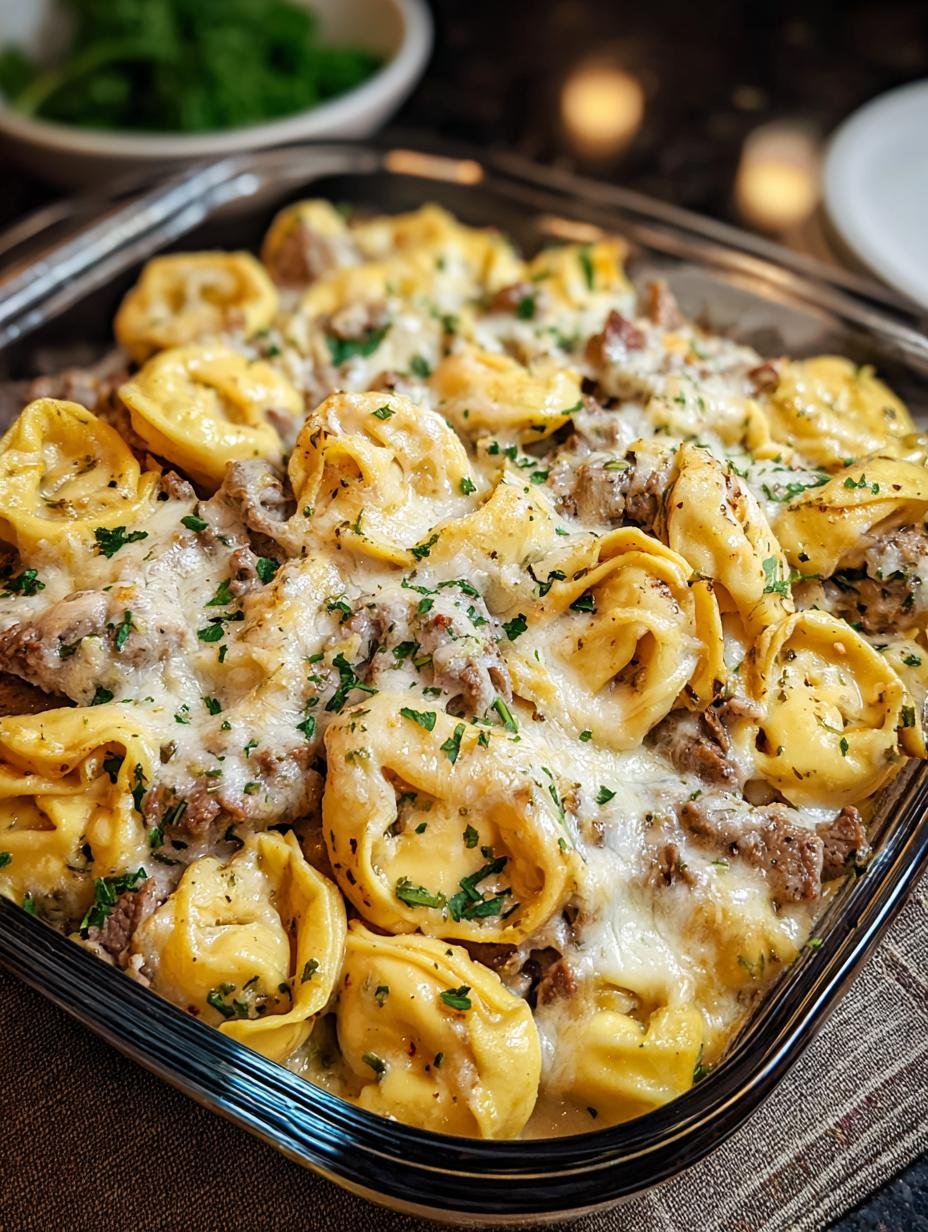 Close-up of Golden Cheese Steak Tortellini in a baking dish, showing the rich, creamy sauce and golden cheese