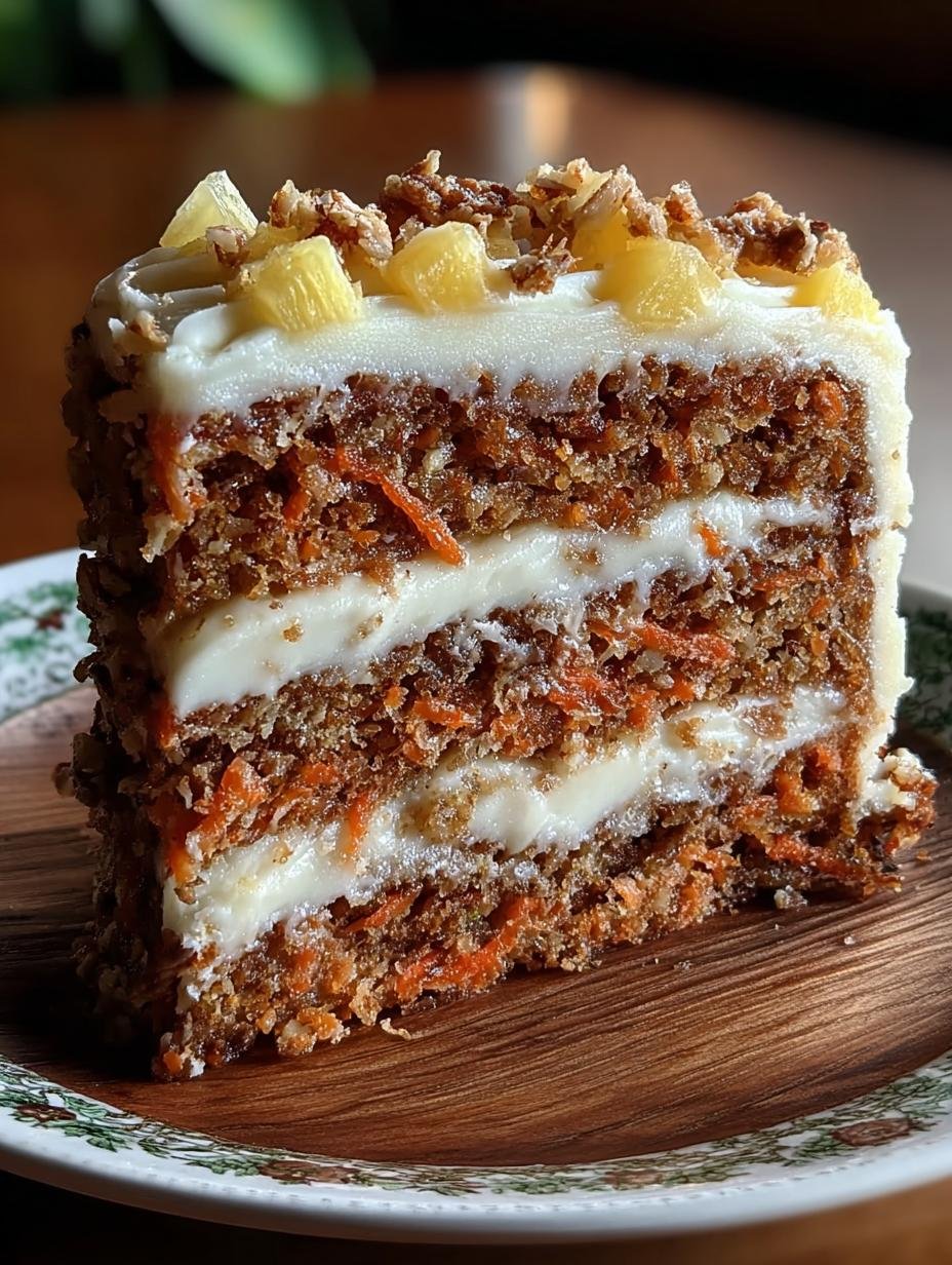A close-up of a slice of Hawaiian Carrot Pineapple Cake, showing its moist texture, rich frosting, and visible pieces of carrot and pineapple