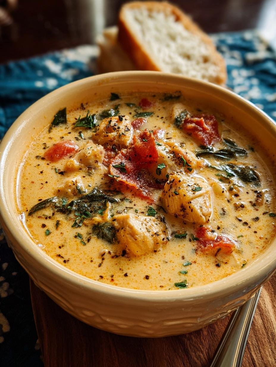 A bowl of Irresistibly Creamy Marry Tuscan soup with chicken, pasta, spinach, and sun-dried tomatoes, garnished with fresh herbs.