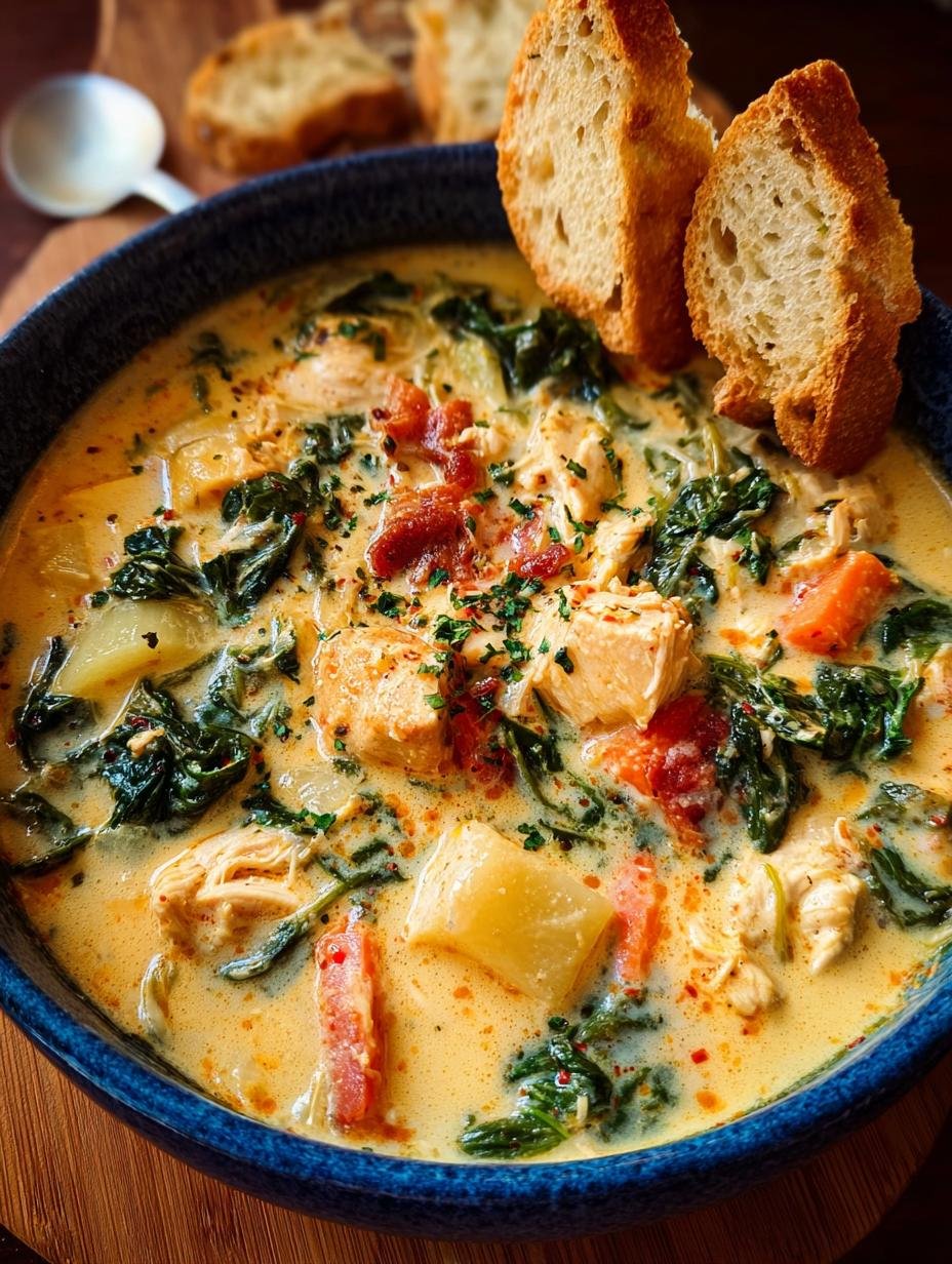 Close-up of a spoonful of Irresistibly Creamy Marry Tuscan soup, showing the creamy broth, chicken, and pasta.