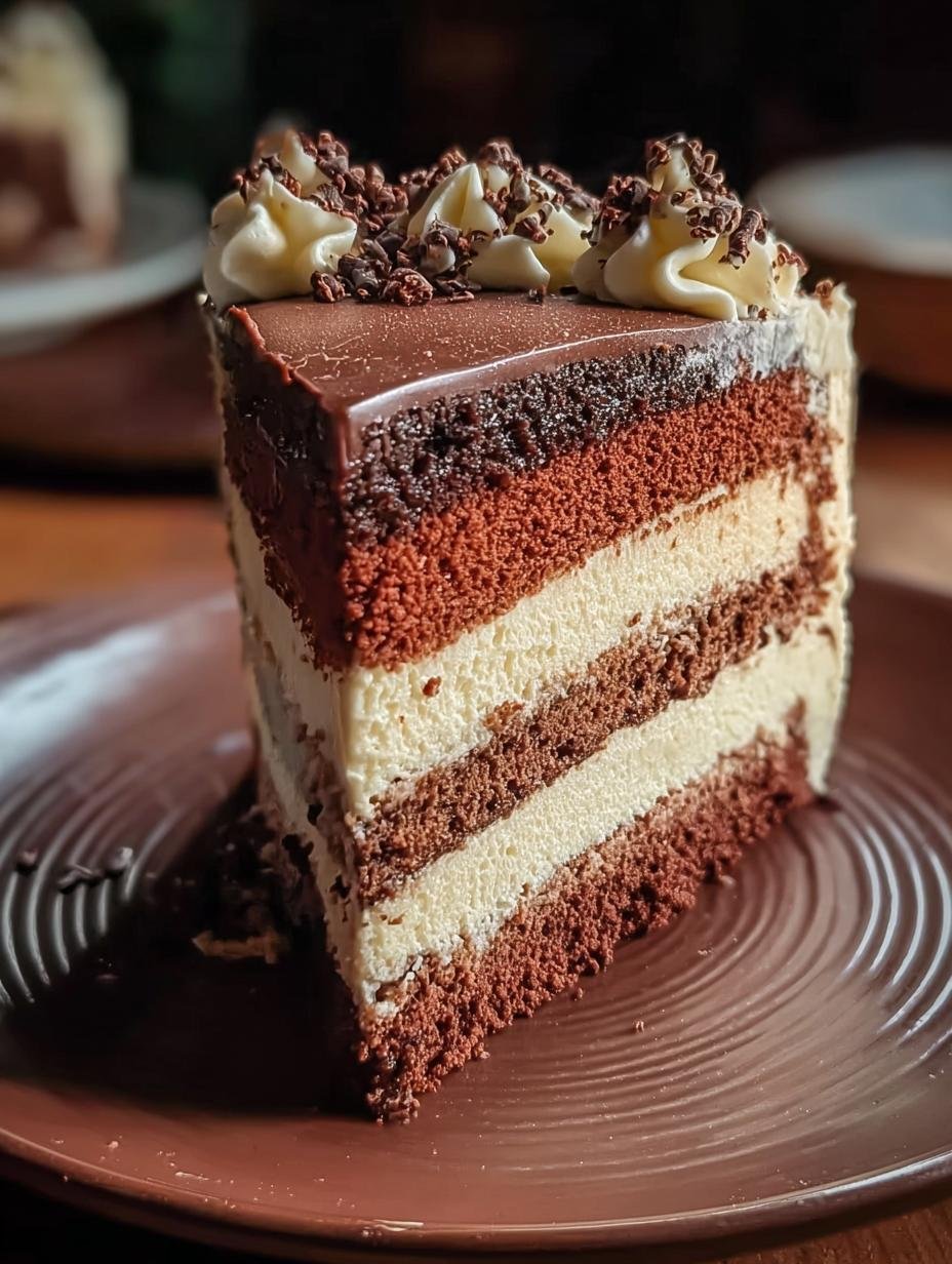 Delicious Italian Love Cake slice on a plate, showing moist chocolate cake and creamy ricotta layers