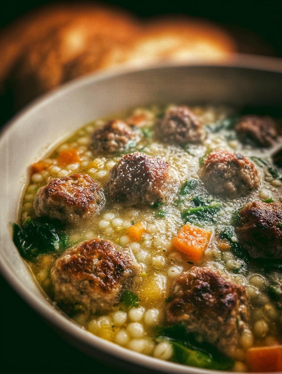 Hearty bowl of Italian Wedding Soup with tiny meatballs, spinach, and pasta, garnished with fresh Parmesan cheese, ready to be enjoyed for comfort
