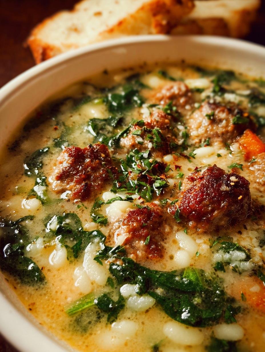Close-up of a spoonful of Italian Wedding Soup, showing a perfect mini meatball, spinach, and pasta, highlighting the delicious texture and ingredients