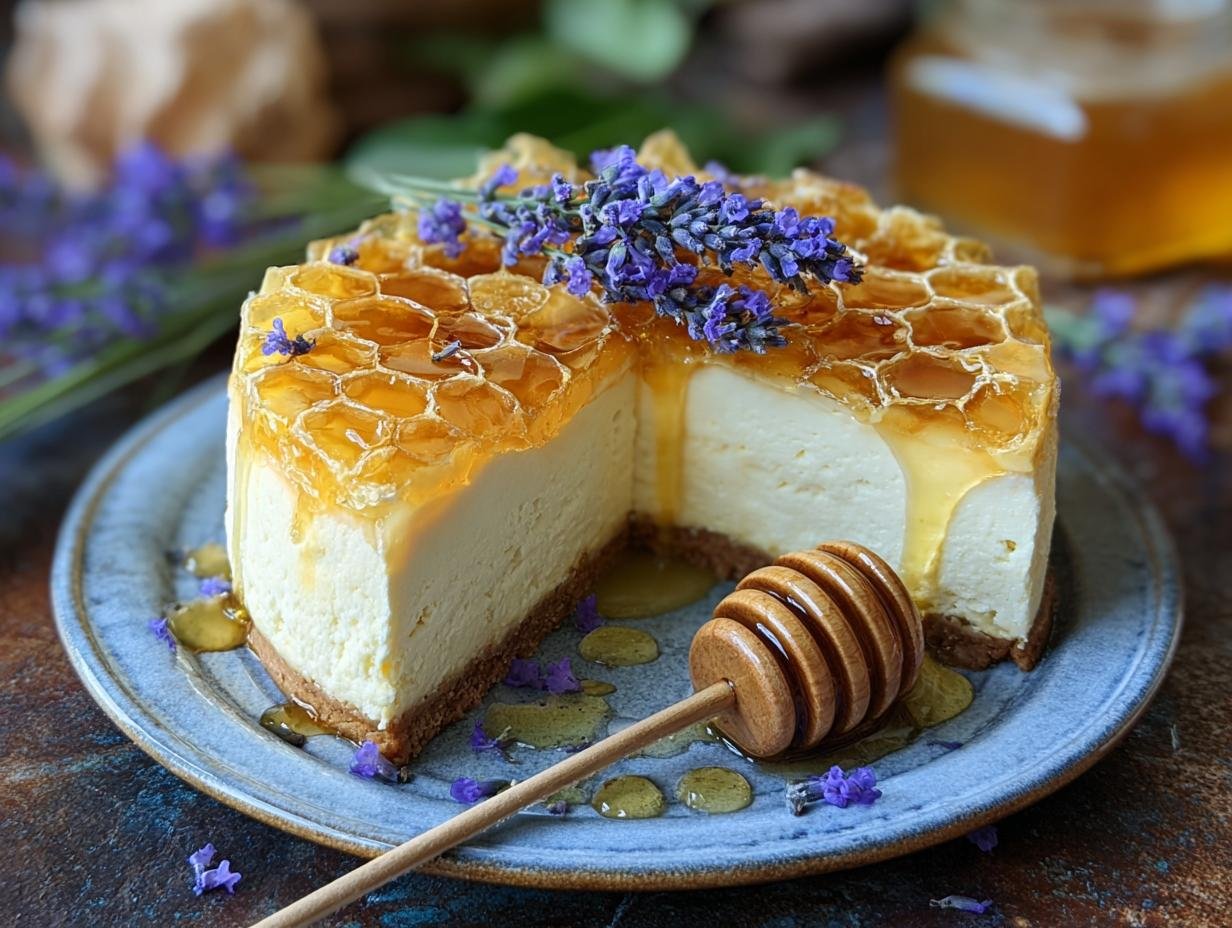 Close-up of Lemon Lavender Cheesecake Honeycomb showing the texture of the filling and honeycomb