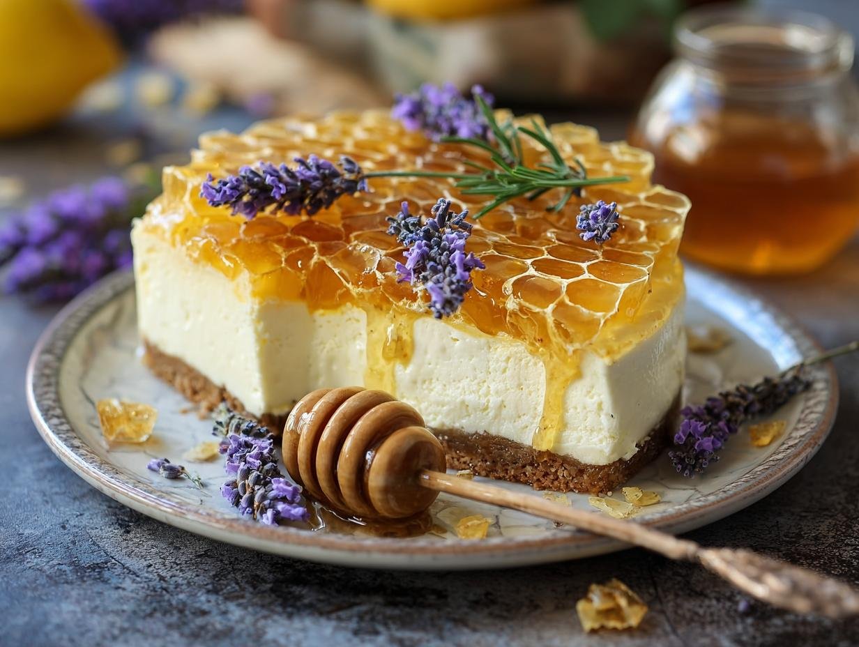 A slice of Lemon Lavender Cheesecake Honeycomb garnished with lavender buds and lemon zest
