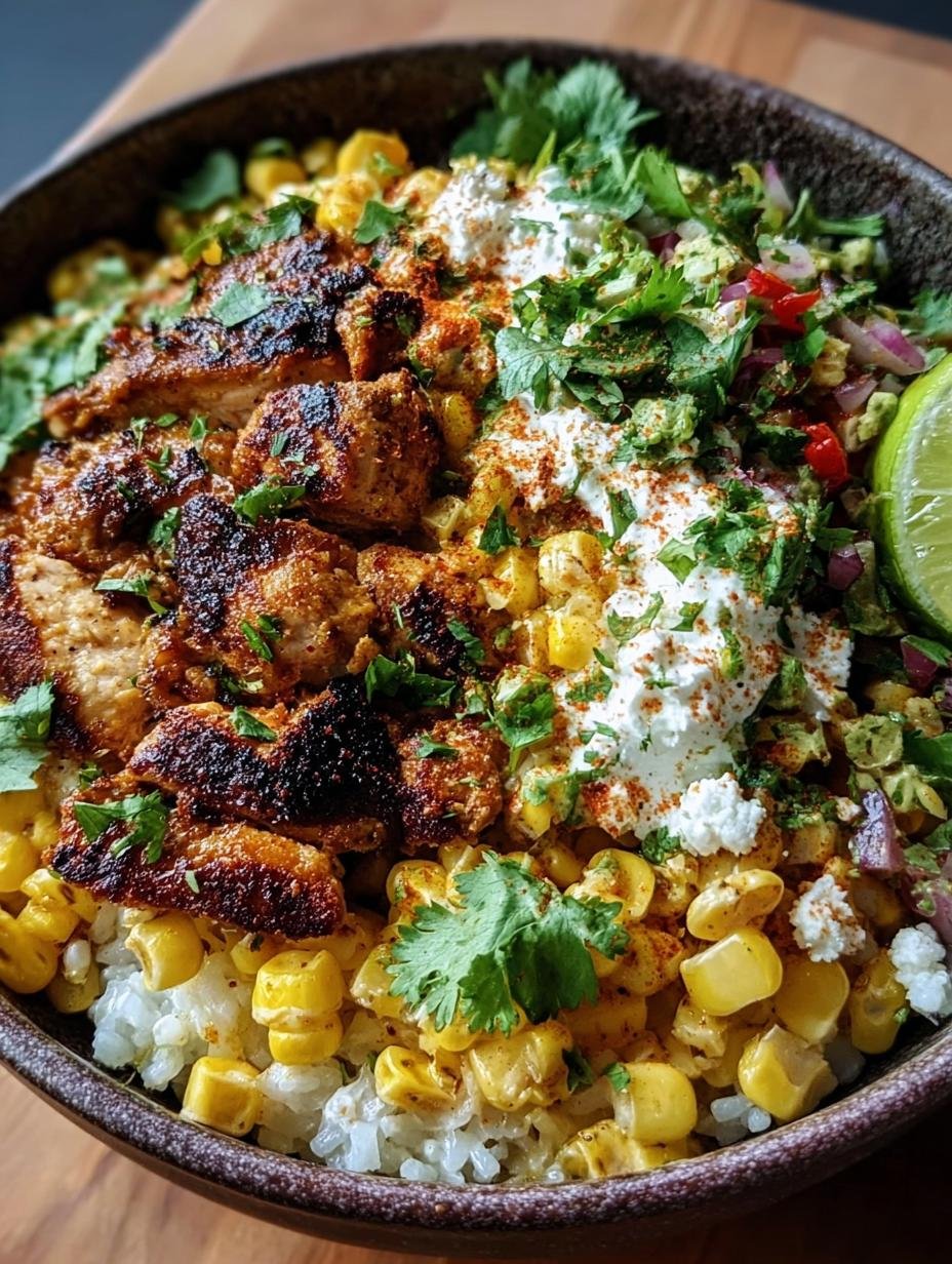 Close-up of Mexican Street Corn Chicken in a bowl, showing the charred corn, seasoned chicken, and creamy cotija cheese topping, ready to be enjoyed