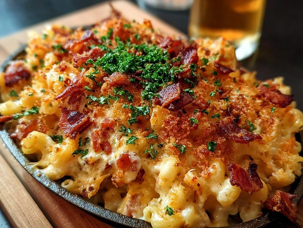 Oktoberfest Bacon Beer Mac with crispy bacon and creamy cheese sauce