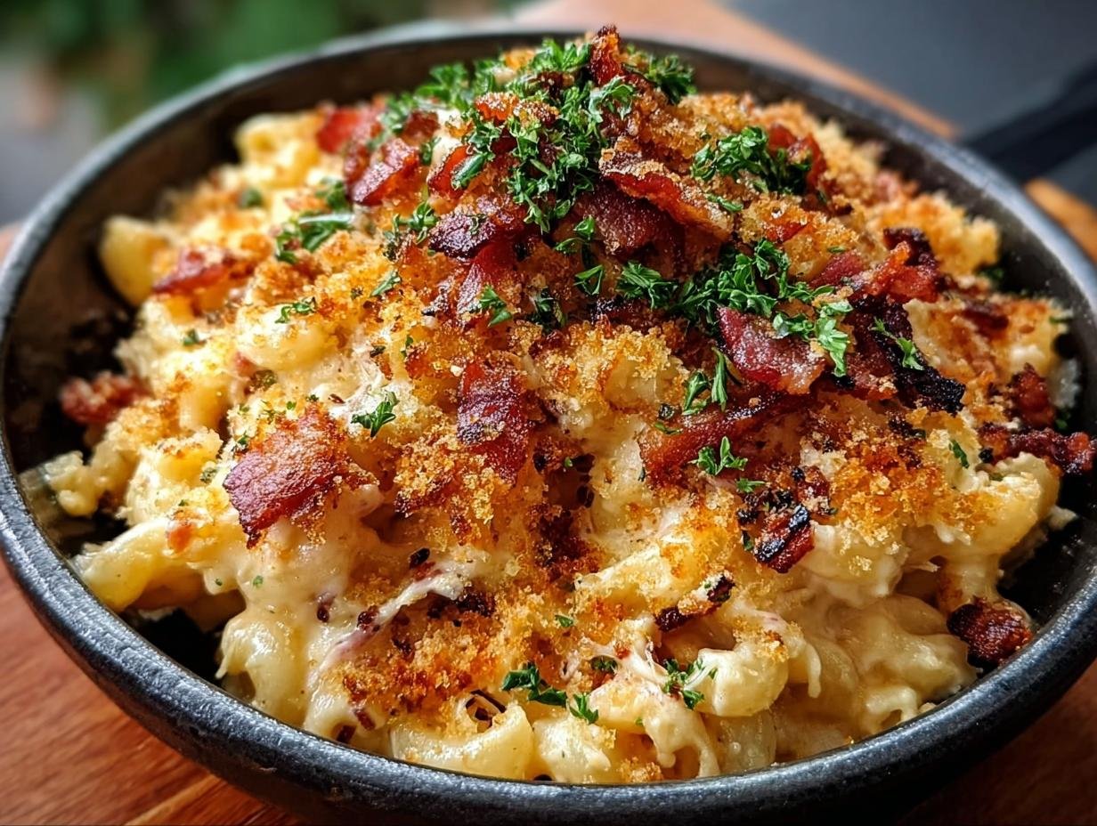 Close-up of Oktoberfest Bacon Beer Mac in a serving bowl, showing texture
