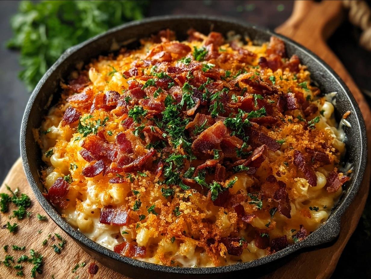 Serving of Oktoberfest Bacon Beer Mac garnished with parsley