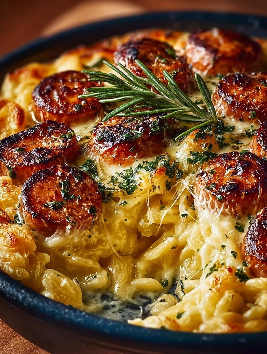 Delicious One Pot Garlic Butter with sausage and orzo ready to serve