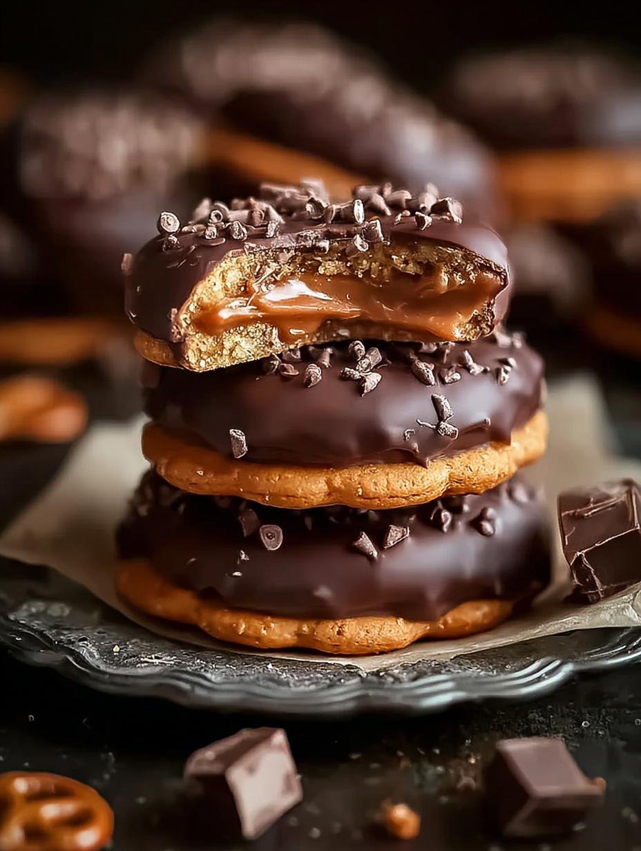 A close-up of a perfectly dipped Rolo Ritz Cookie, showcasing the smooth chocolate coating and the iconic Ritz cracker texture.
