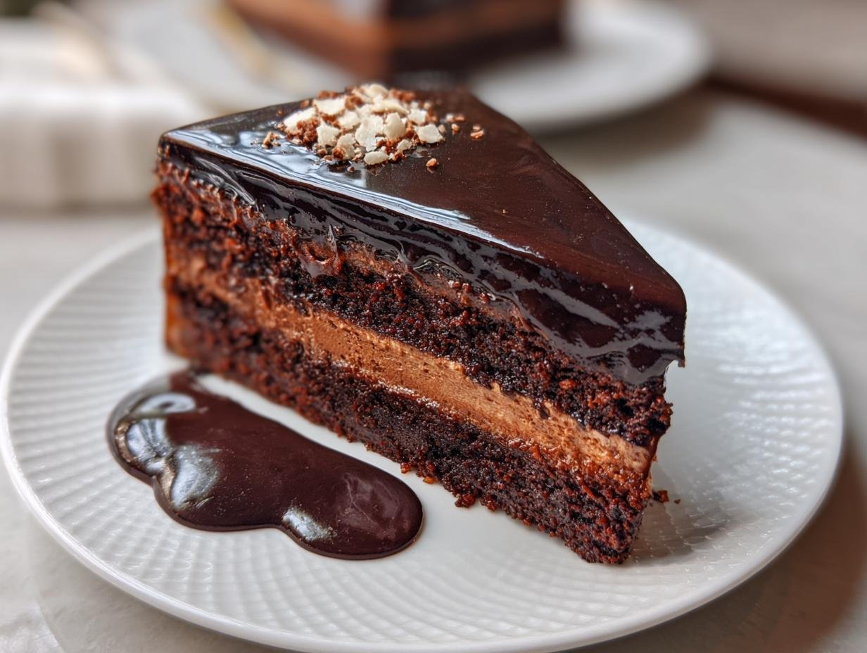Sachertorte Austrian Chocolate Cake - close-up of the glossy chocolate glaze