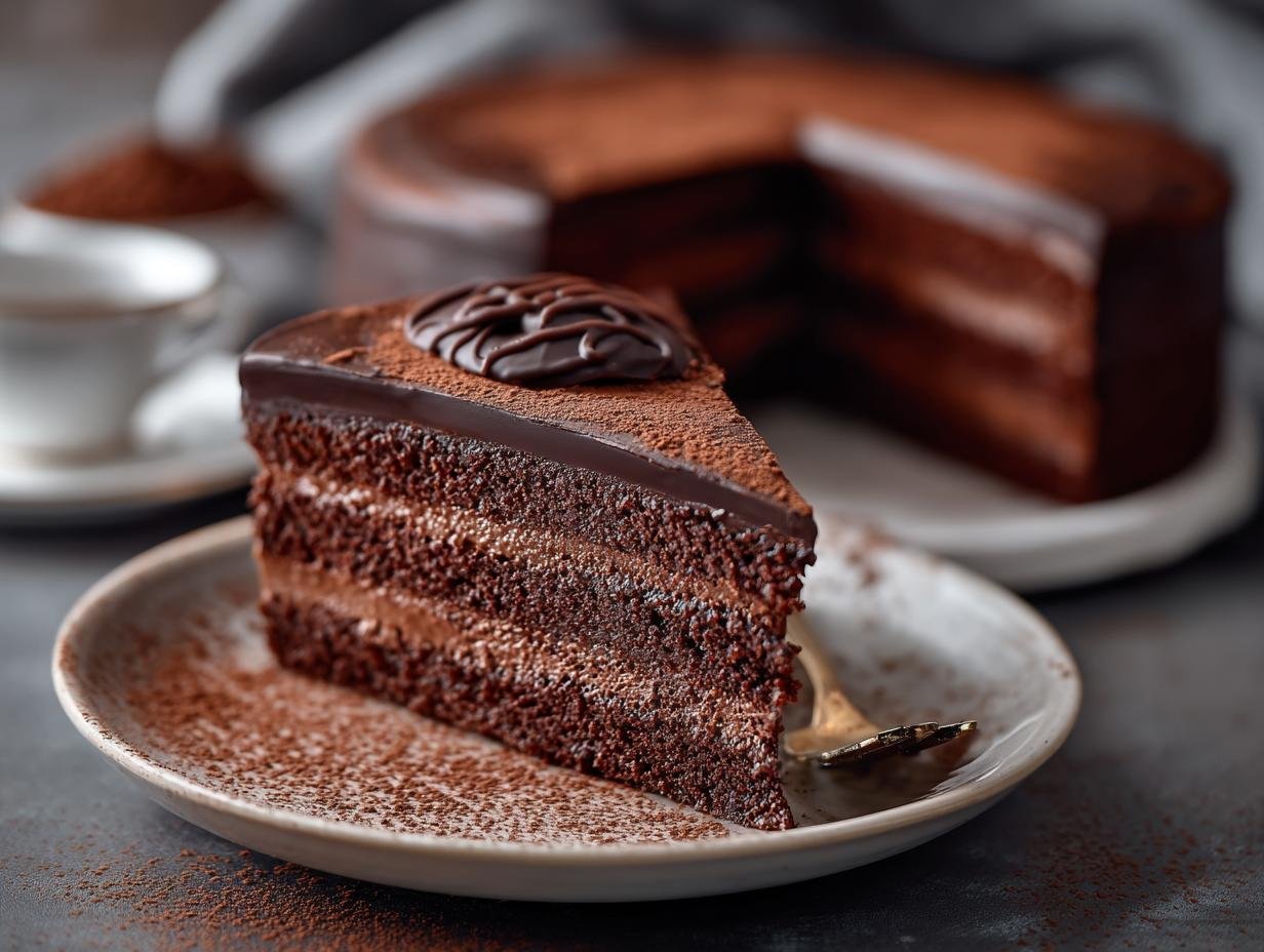 Sachertorte Austrian Chocolate Cake - a slice showing the layers of cake and jam