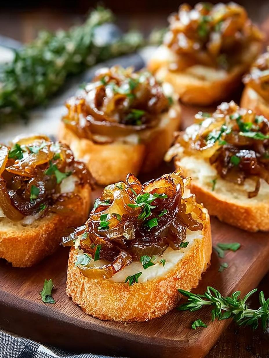 Irresistible Caramelized Onion Crostini served on a platter for parties