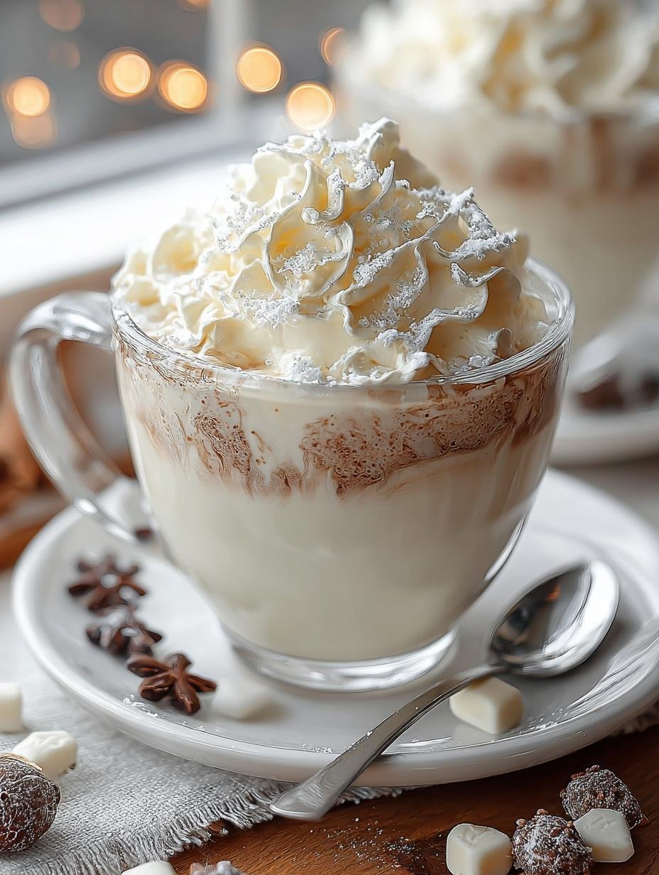 Delicious White Hot Chocolate topped with whipped cream and sprinkles