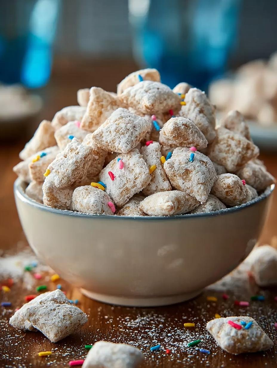 Delicious Cake Batter Puppy Chow with sprinkles and white chocolate