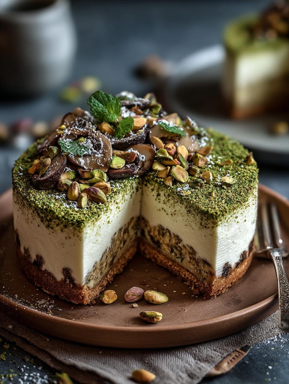 Pistachio Mushroom Cheesecake with a Savory Twist - Pistachio Mushroom Cheesecake with - main visual representation