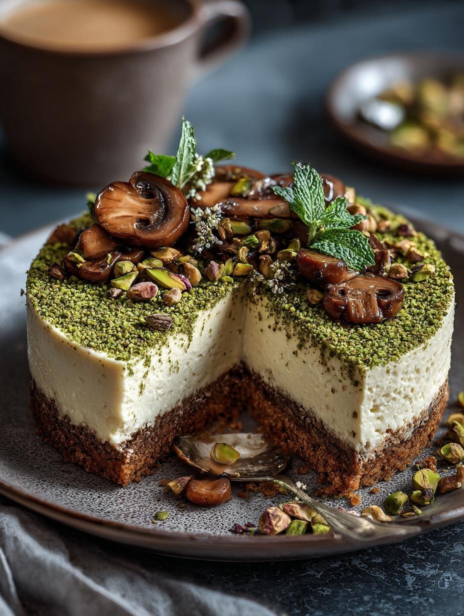 Pistachio Mushroom Cheesecake with a Savory Twist - Pistachio Mushroom Cheesecake with - additional detail