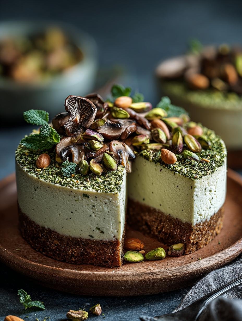 Pistachio Mushroom Cheesecake with a Savory Twist