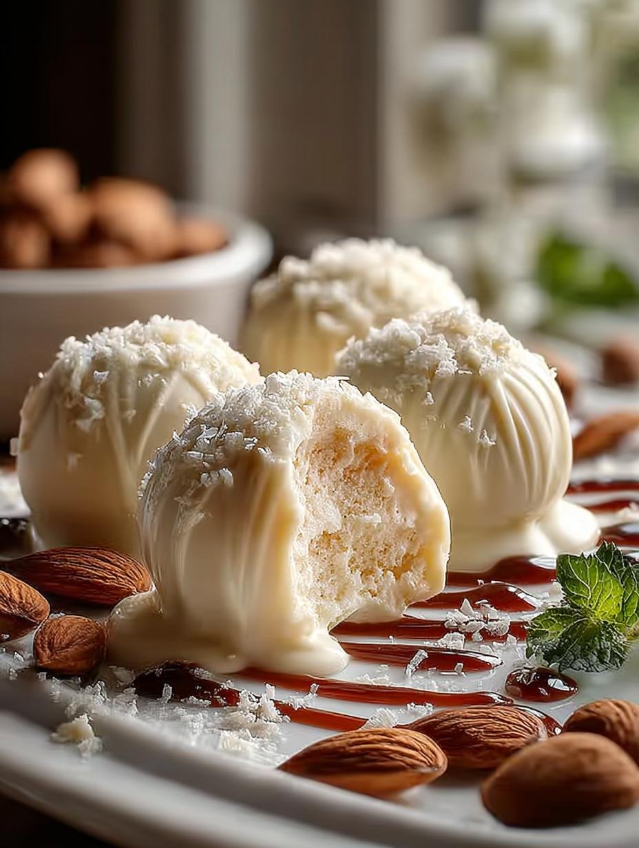 Delicious white chocolate truffles coated in cocoa powder on a wooden table