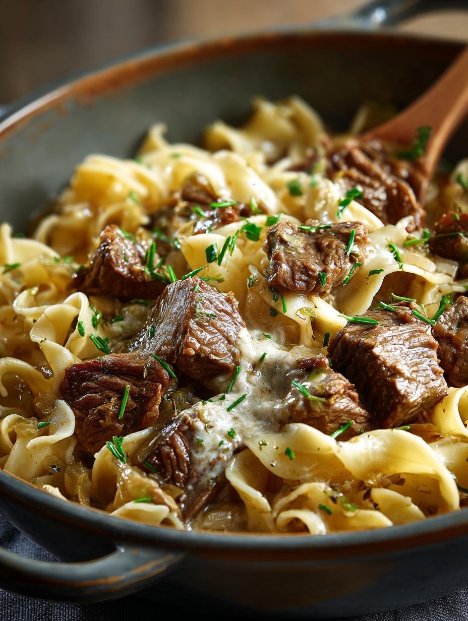 Delicious French Onion Beef Noodles in 35 Minutes - French Onion Beef Noodles - main visual representation