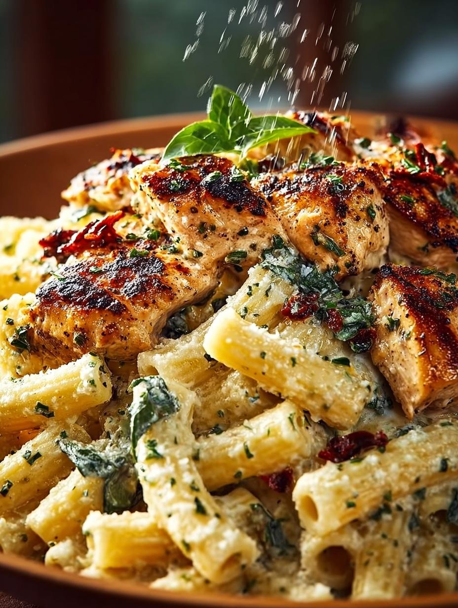 Irresistible Parmesan Marry Chicken Pasta served with fresh basil and cherry tomatoes