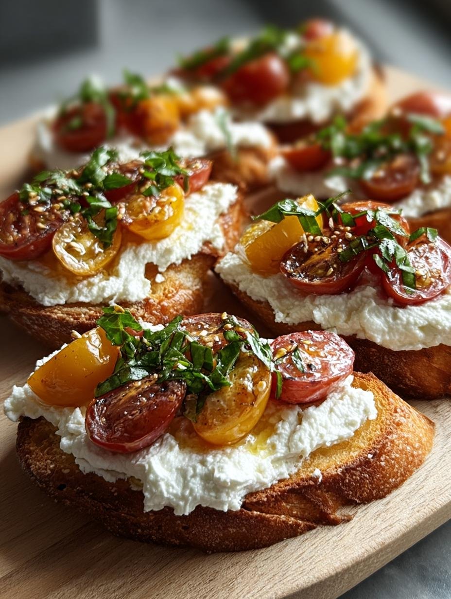 Irresistible Ricotta Crostini topped with fresh ingredients ready to serve