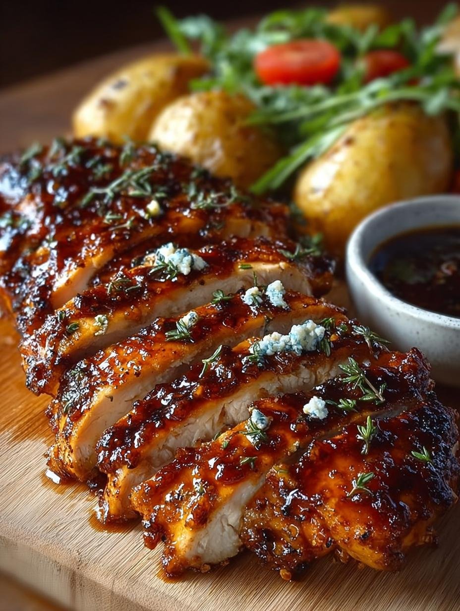 Irresistible Honey BBQ Chicken Garlic with Cheesy Potatoes fresh from oven on serving plate