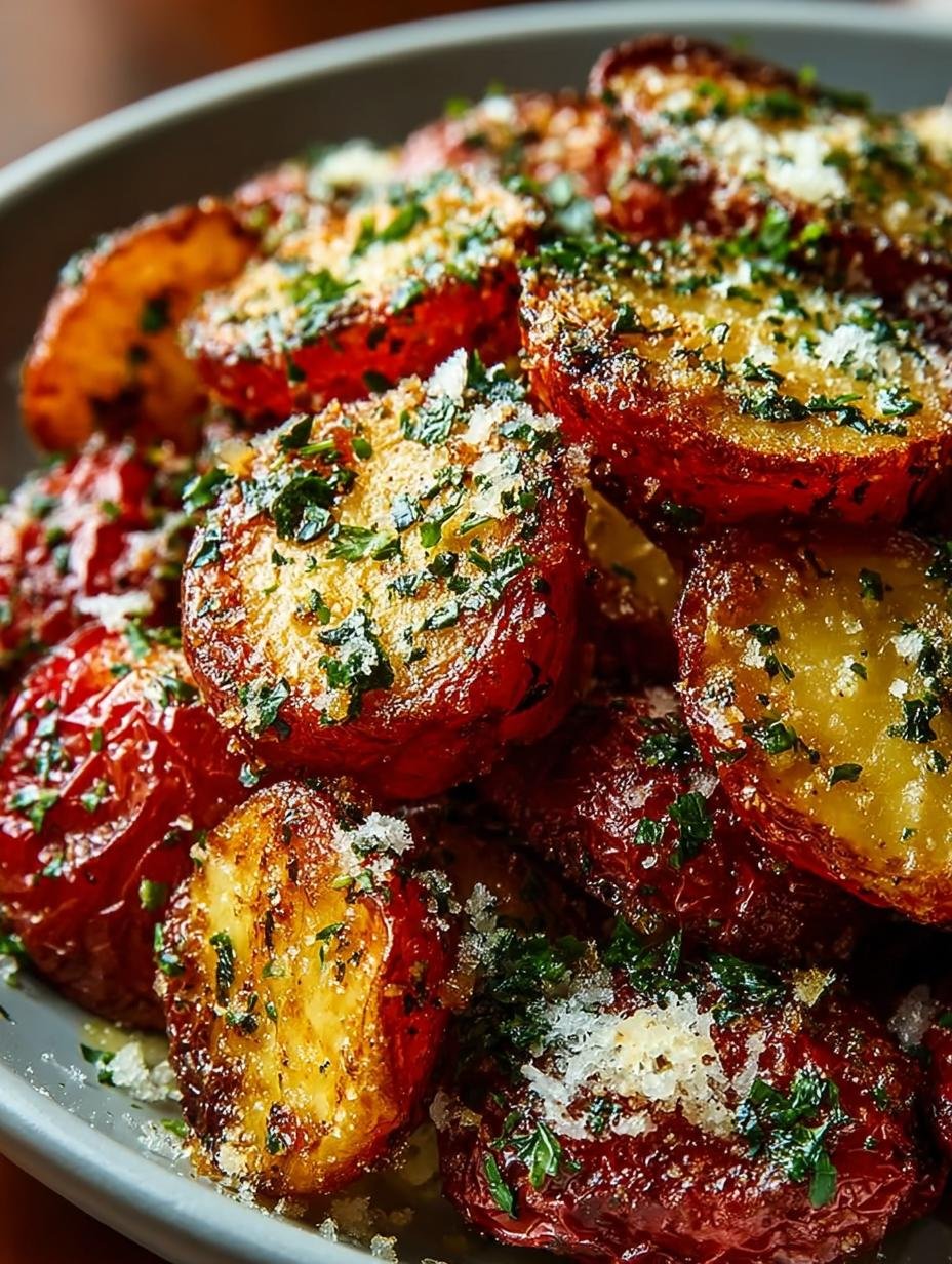 Irresistible Parmesan Roasted Red Potatoes fresh from the oven on a baking sheet
